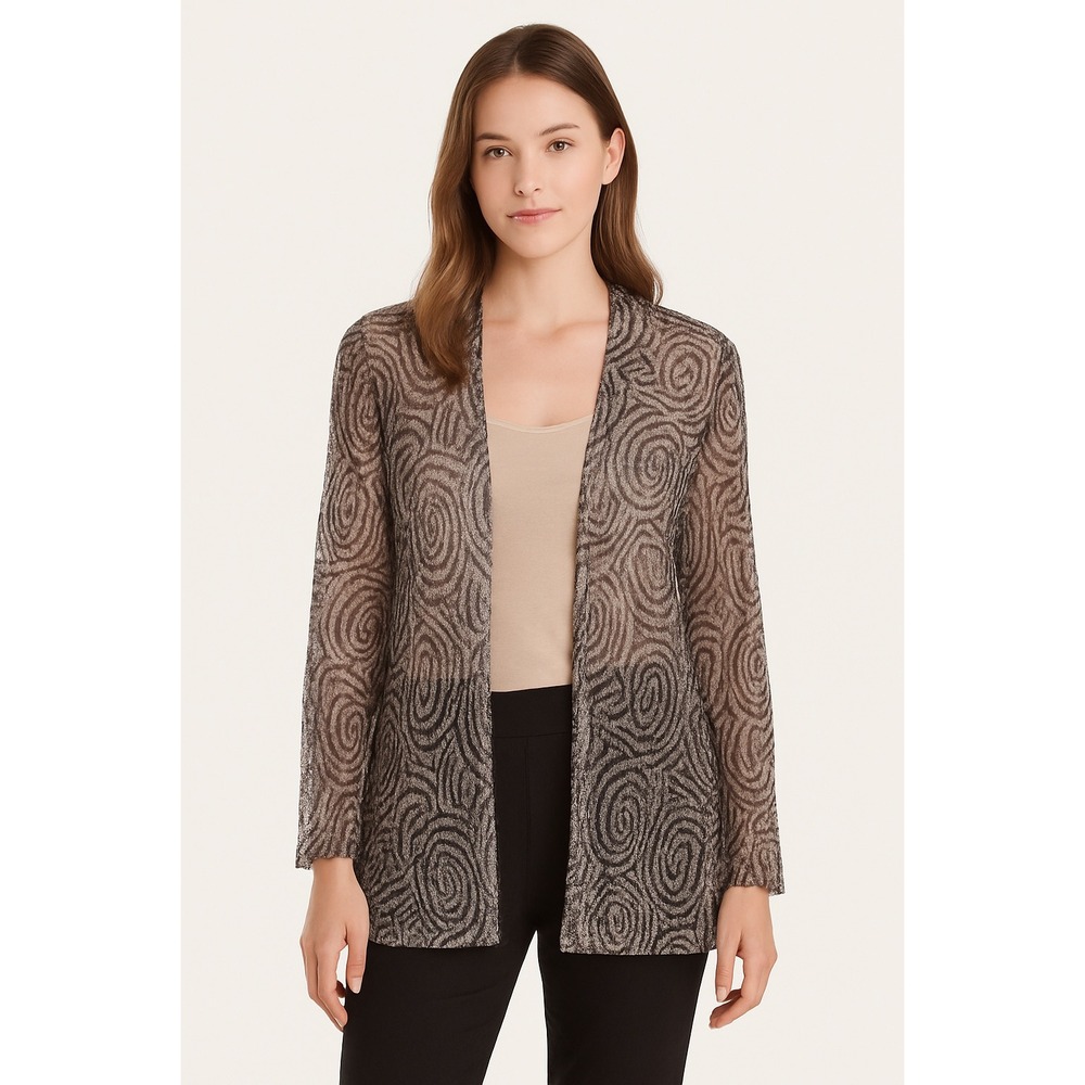Chico's Size XL (3) Open Front Cardigan Jacket Swirl Textured Black White Kn